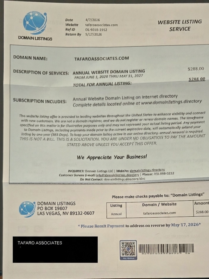 The fake Domain Listings invoice we received — address redacted for privacy