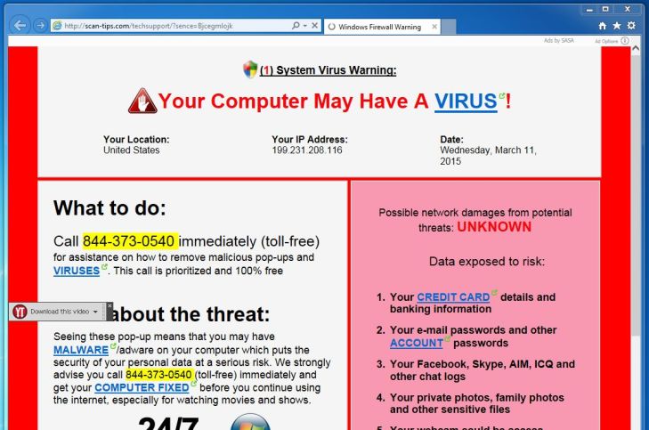 Example of a tech support scam popup